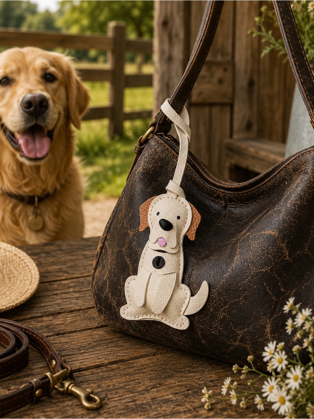 Cream Faux Leather Puppy Dog Bag Charm Keychain Purse Accessory